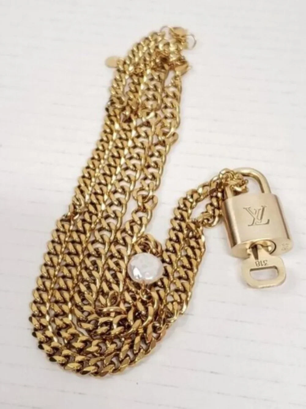 Stainless Steel Gold-Plated Necklace with Authentic Louis Vuitton Padlock
